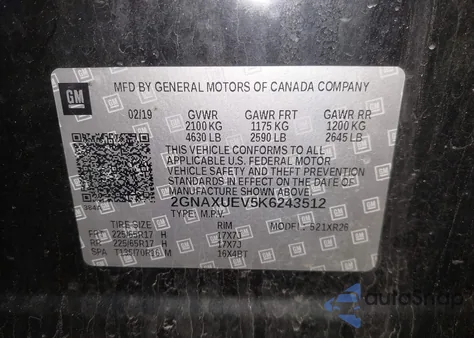 2019 Chevrolet Equinox Lt из США, поврежденный, VIN 2GNAXUEV5K6243512